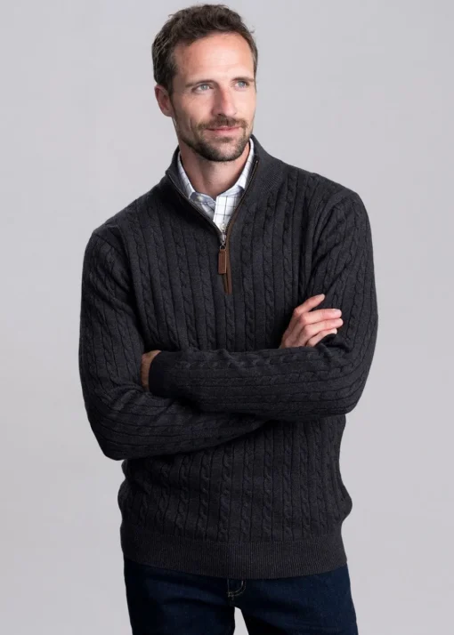 Calton Cotton Cashmere Cable 1/4 Zip Jumper - Charcoal