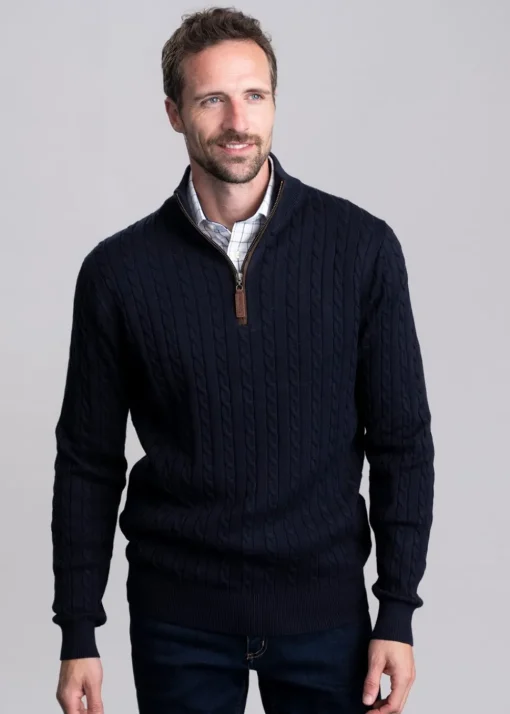 Calton Cotton Cashmere Cable 1/4 Zip Jumper - Navy