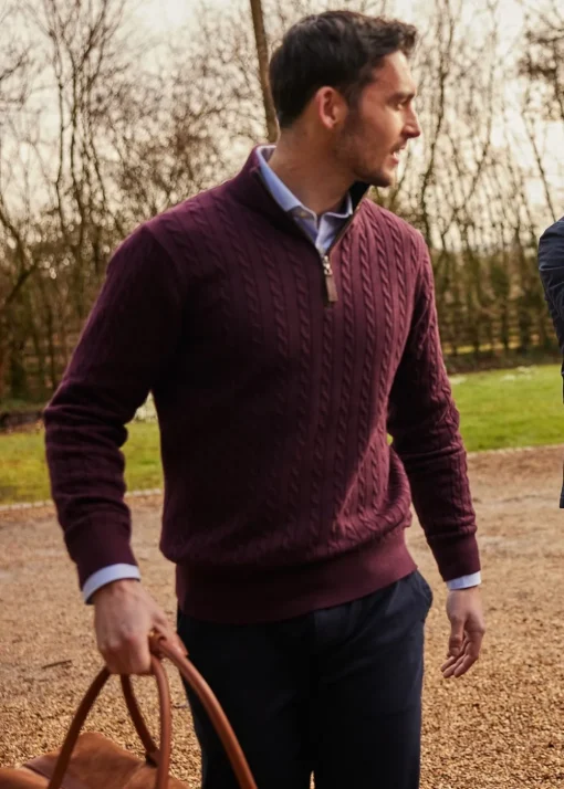 Calton Cotton Cashmere Cable 1/4 Zip Jumper - Wine