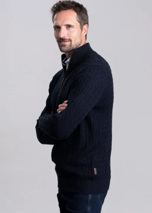 Calton Cotton Cashmere Cable 1/4 Zip Jumper - Navy