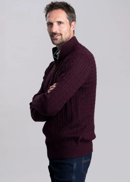 Calton Cotton Cashmere Cable 1/4 Zip Jumper - Wine
