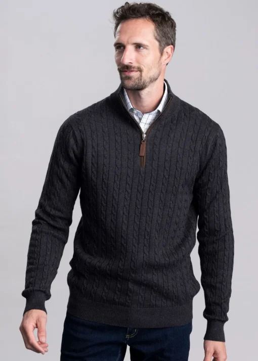 Calton Cotton Cashmere Cable 1/4 Zip Jumper - Charcoal