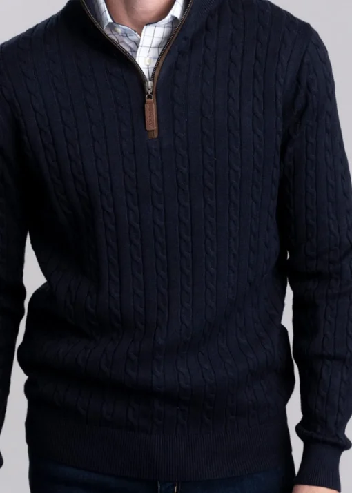 Calton Cotton Cashmere Cable 1/4 Zip Jumper - Navy
