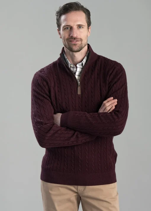 Calton Cotton Cashmere Cable 1/4 Zip Jumper - Wine