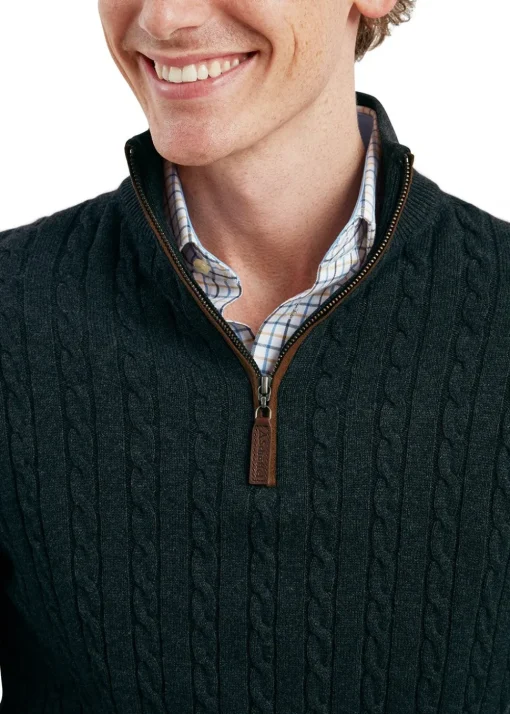 Calton Cotton Cashmere Cable 1/4 Zip Jumper - Charcoal