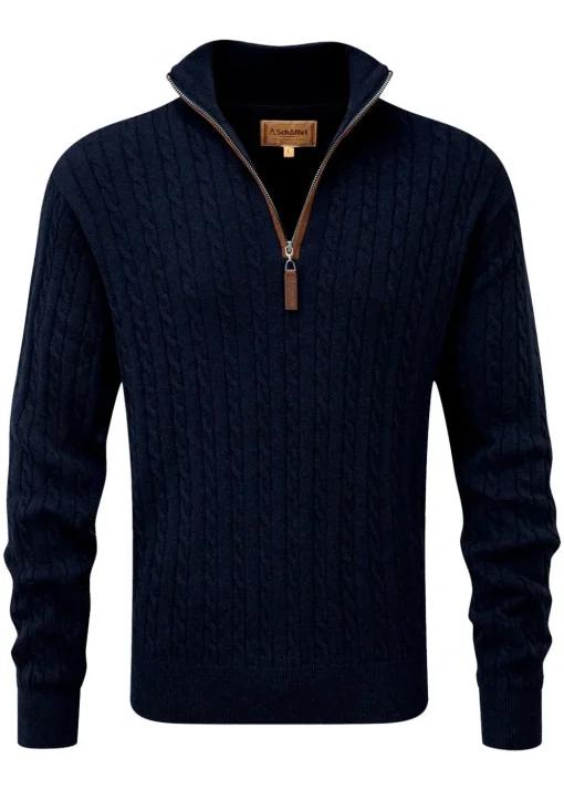 Calton Cotton Cashmere Cable 1/4 Zip Jumper - Navy
