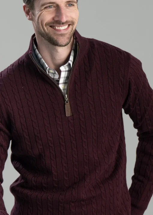 Calton Cotton Cashmere Cable 1/4 Zip Jumper - Wine