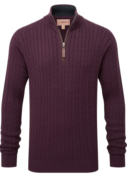 Calton Cotton Cashmere Cable 1/4 Zip Jumper - Wine