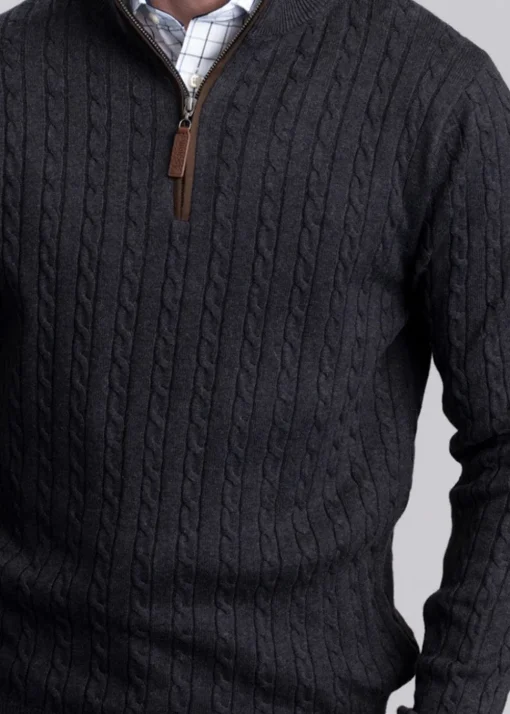 Calton Cotton Cashmere Cable 1/4 Zip Jumper - Charcoal