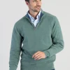 Cashmere 2 Ply Zip Neck Sweater - Green Lovat with Lapis