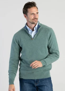 Cashmere 2 Ply Zip Neck Sweater - Green Lovat with Lapis