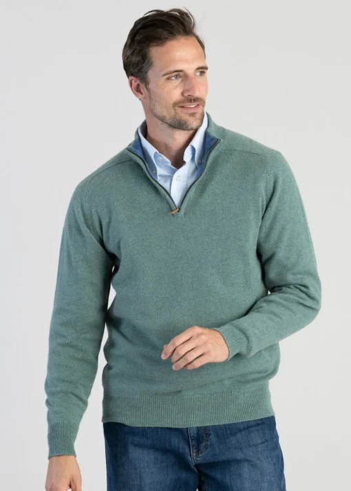 Cashmere 2 Ply Zip Neck Sweater - Green Lovat with Lapis