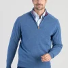 Cashmere 2 Ply Zip Neck Sweater - Lapis with Loganberry