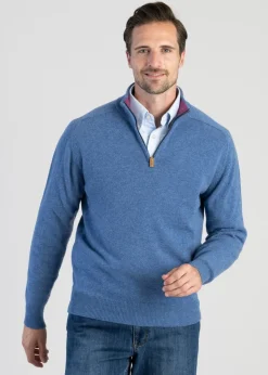 Cashmere 2 Ply Zip Neck Sweater - Lapis with Loganberry