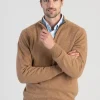 Cashmere 2 Ply Zip Neck Sweater - Savannah with Lovat