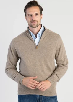 Cashmere 2 Ply Zip Neck Sweater - Dark Natural with Mocha