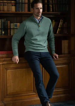 Cashmere 2 Ply Zip Neck Sweater - Green Lovat with Lapis