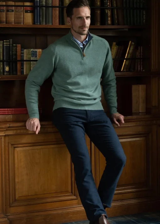 Cashmere 2 Ply Zip Neck Sweater - Green Lovat with Lapis