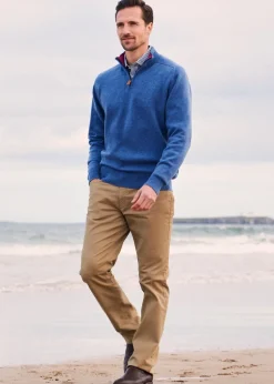 Cashmere 2 Ply Zip Neck Sweater - Lapis with Loganberry