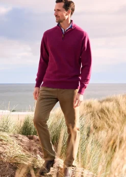 Cashmere 2 Ply Zip Neck Sweater - Loganberry with Lapis