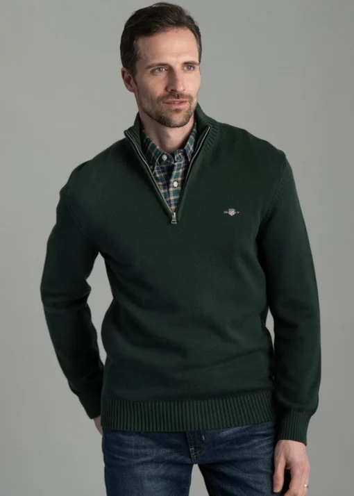 Casual Cotton Half Zip - Tartan Green