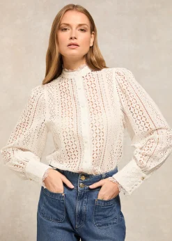 Collarless Broderie Shirt - White