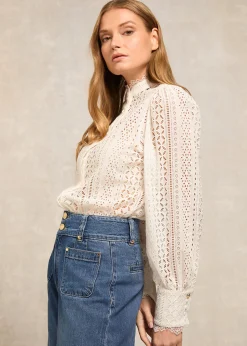 Collarless Broderie Shirt - White