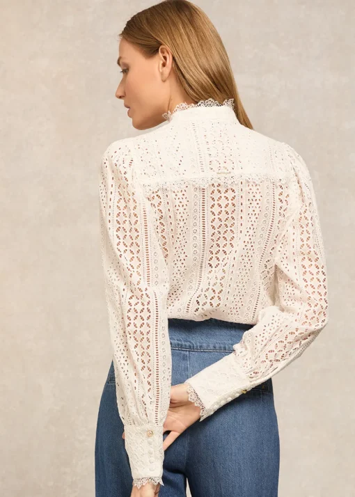 Collarless Broderie Shirt - White