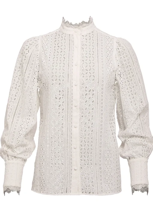 Collarless Broderie Shirt - White