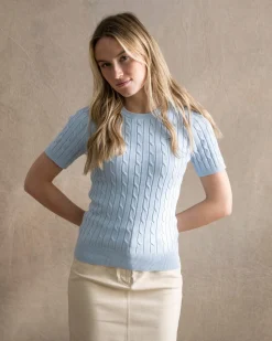 Cotton Cable Short Sleeve Crew Neck - Fresh Blue
