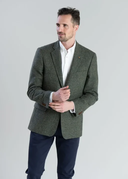 Donegal Tweed Jacket - Green Herringbone with Blue, Rust and Yellow Fleck