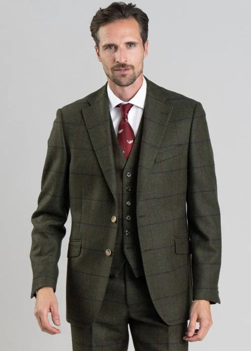 Etal Tweed Jacket - Olive Twill with Navy and Red Check