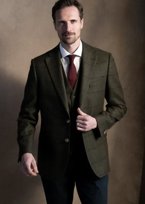 Etal Tweed Jacket - Olive Twill with Navy and Red Check