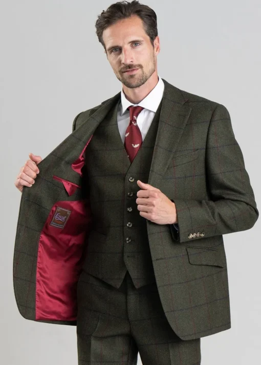 Etal Tweed Jacket - Olive Twill with Navy and Red Check