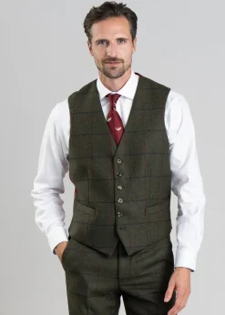 Etal Tweed Waistcoat - Olive Twill with Navy and Red Check