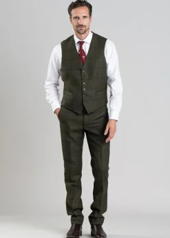 Etal Tweed Waistcoat - Olive Twill with Navy and Red Check