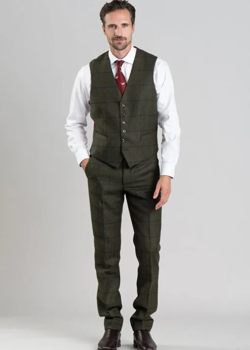 Etal Tweed Waistcoat - Olive Twill with Navy and Red Check