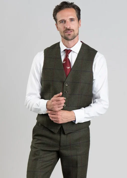 Etal Tweed Waistcoat - Olive Twill with Navy and Red Check