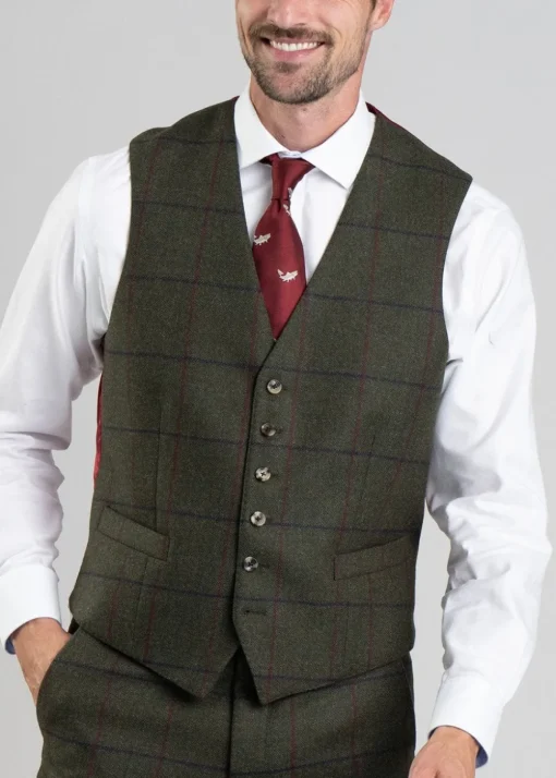 Etal Tweed Waistcoat - Olive Twill with Navy and Red Check