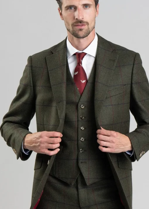 Etal Tweed Waistcoat - Olive Twill with Navy and Red Check