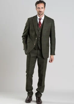 Etal Tweed Waistcoat - Olive Twill with Navy and Red Check