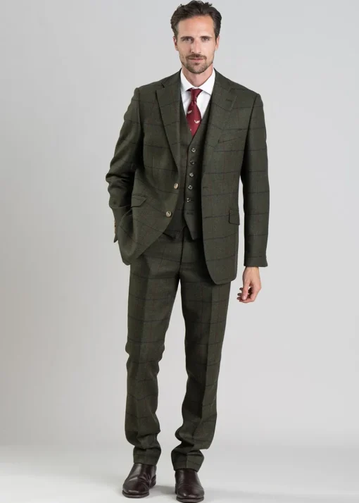 Etal Tweed Waistcoat - Olive Twill with Navy and Red Check