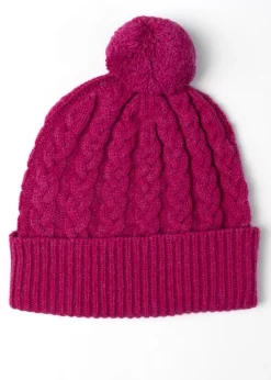 Fliss Lambswool Cable Pom Pom Beanie - Tyrian