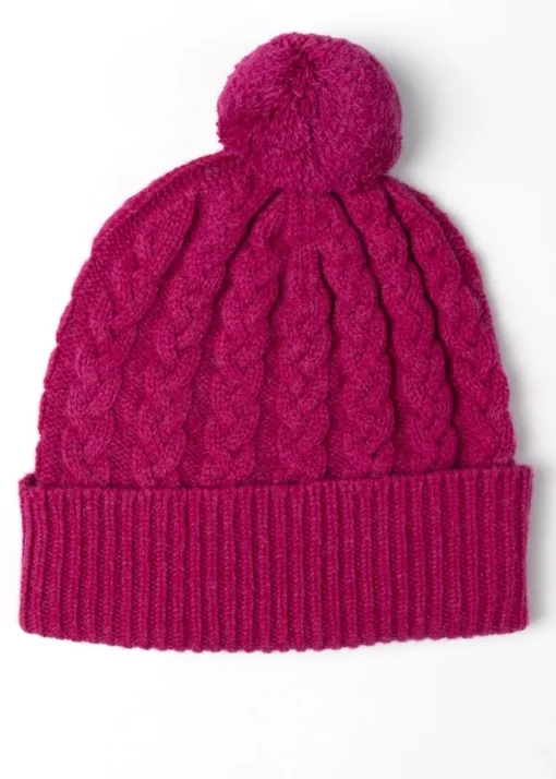 Fliss Lambswool Cable Pom Pom Beanie - Tyrian