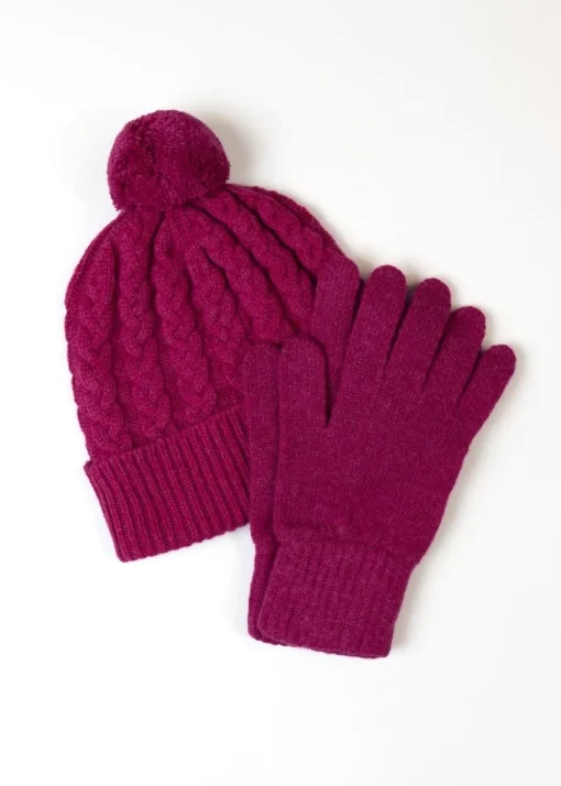 Fliss Lambswool Cable Pom Pom Beanie - Tyrian