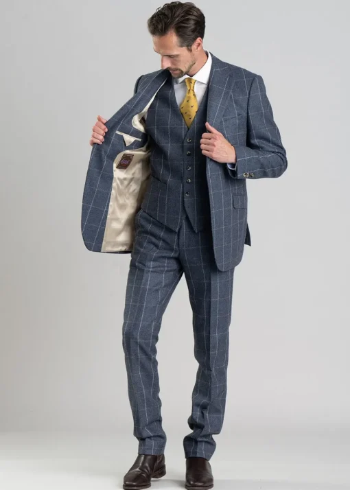 Ford Tweed Jacket - Grey and Blue Herringbone with Coffee and Cream Ch