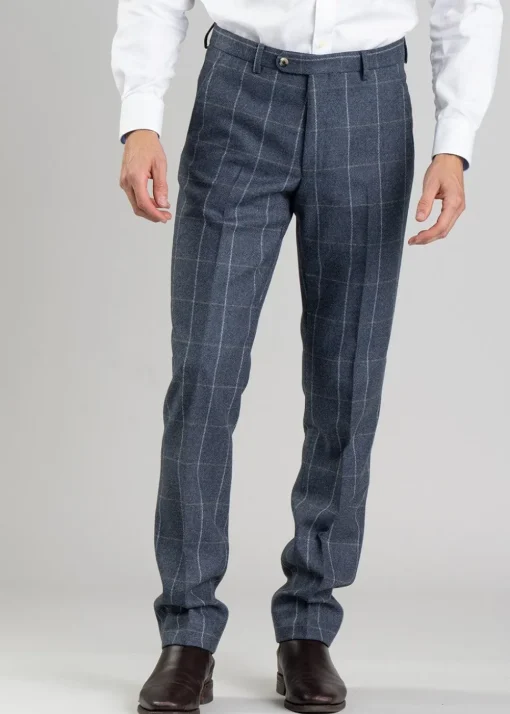 Ford Tweed Trousers - Grey and Blue Herringbone with Coffee and Cream Ch