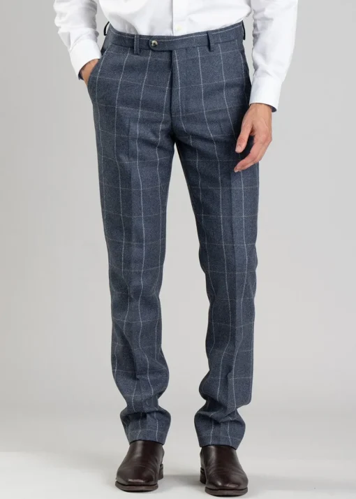 Ford Tweed Trousers - Grey and Blue Herringbone with Coffee and Cream Ch
