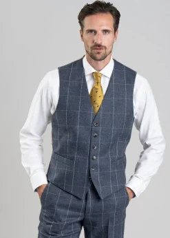 Ford Tweed Waistcoat - Grey and Blue Herringbone with Coffee and Cream Ch