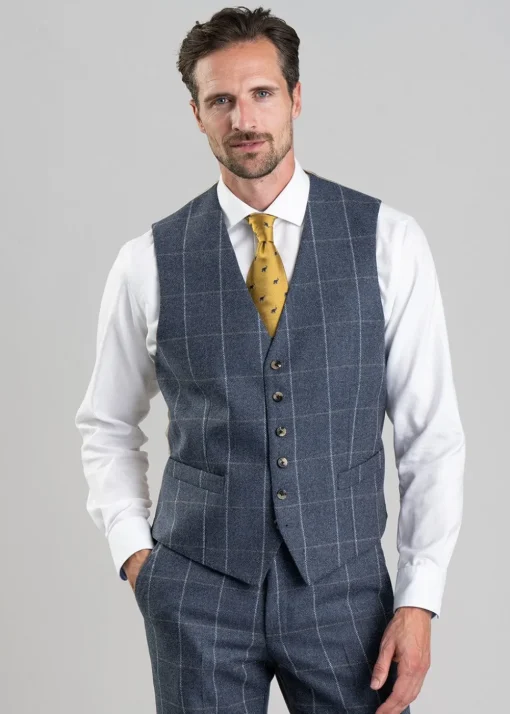 Ford Tweed Waistcoat - Grey and Blue Herringbone with Coffee and Cream Ch